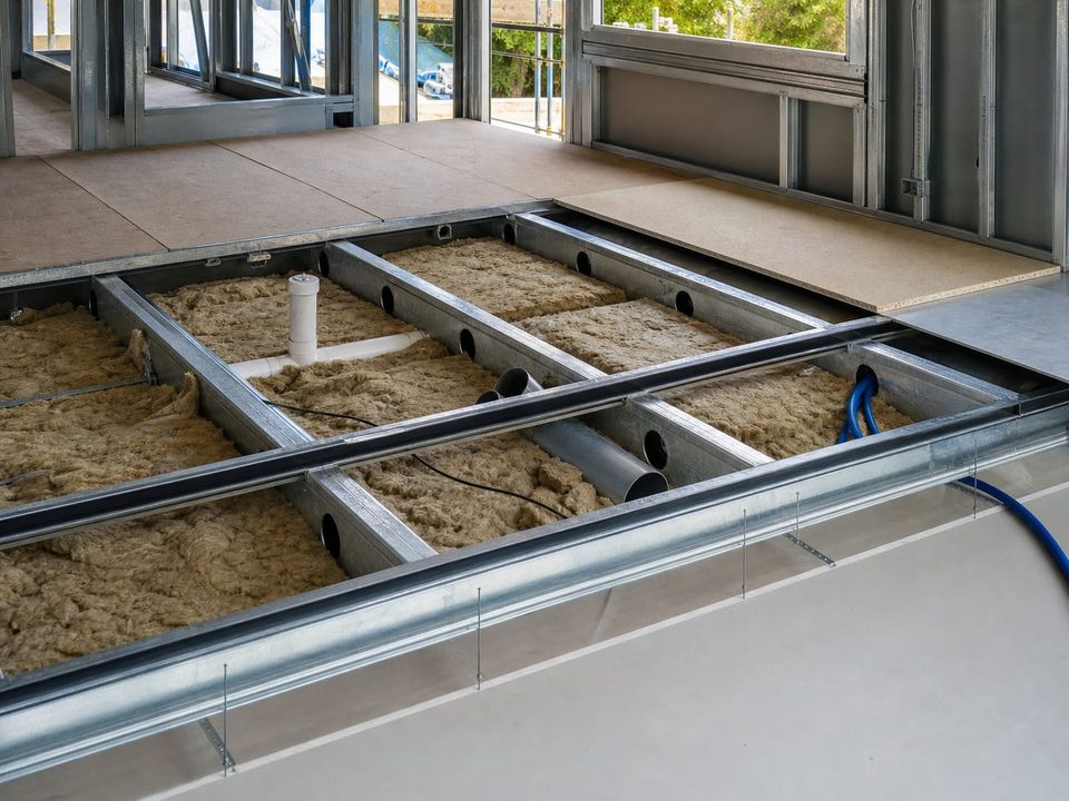 Steel home intermediate floor structure with joists, insulation, and resilient layers