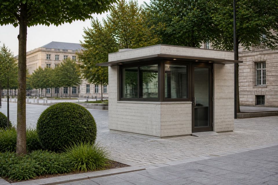 Precast security cabin standing in an urban setting beside a building forecourt