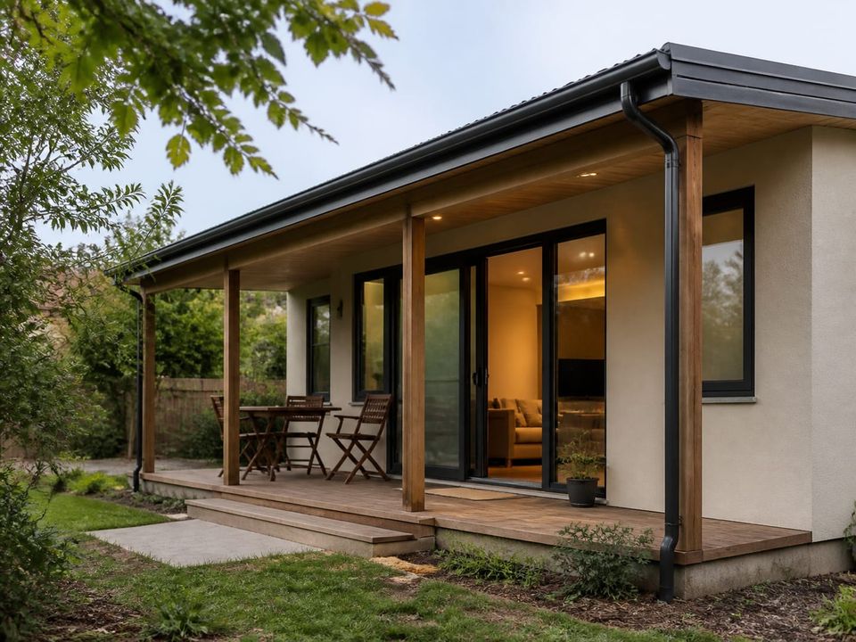 Single-storey prefab home veranda providing shade over the main glazing