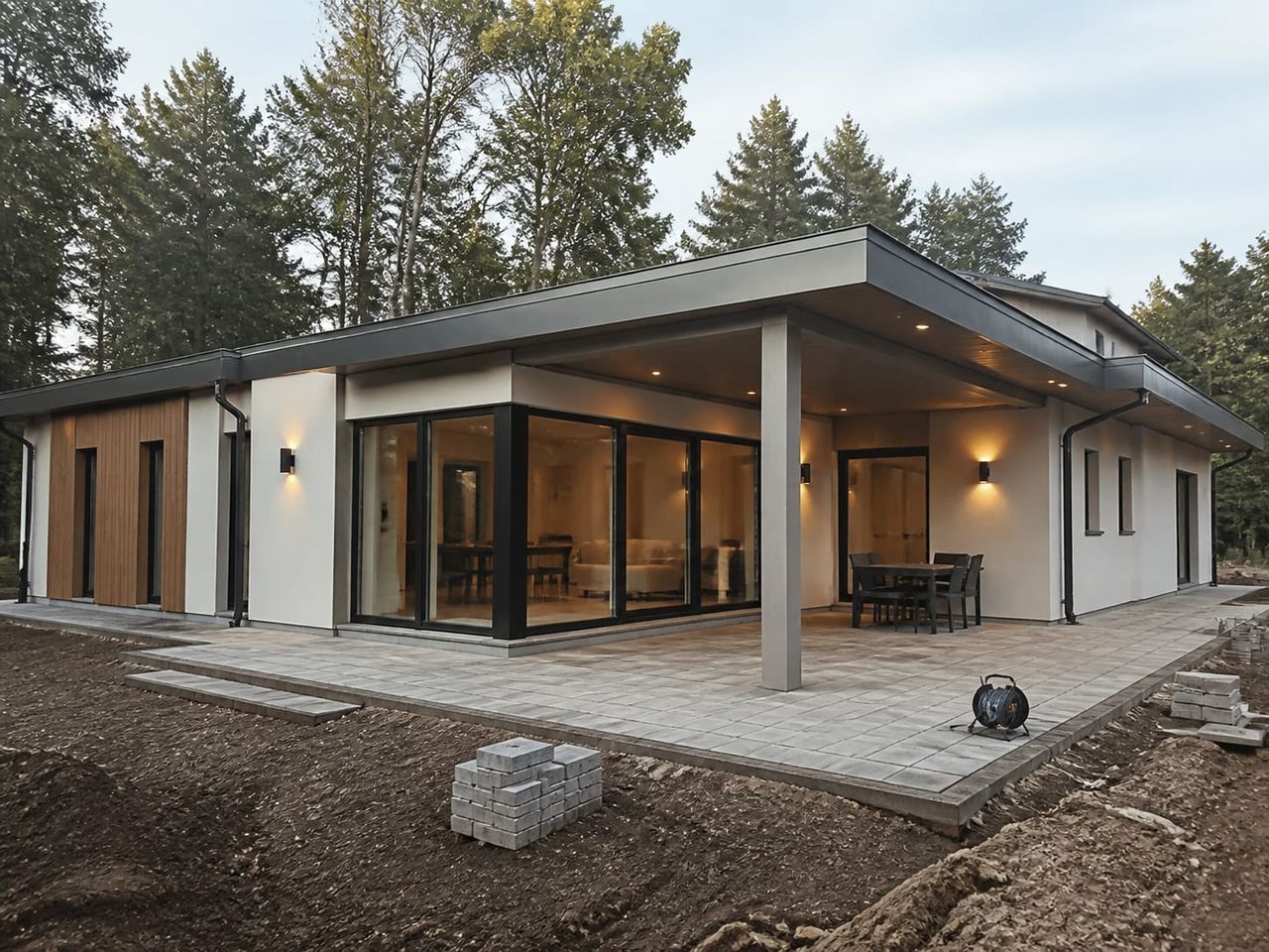 Prefab villa nearing completion with terraces, glazing, and landscaping under way