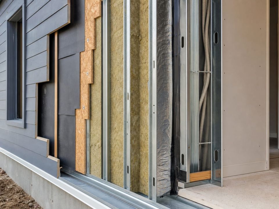 Steel home wall build-up showing insulation layers, vapour control, and external finish
