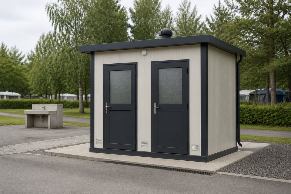 Panel cabin WC and shower model with sanitaryware and drainage connections