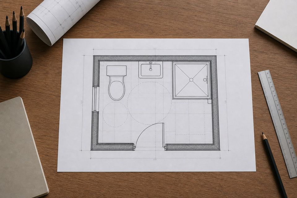 Panel cabin combined WC and shower floor plan with drainage positions